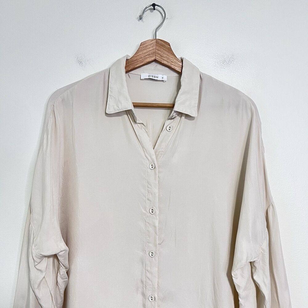 Dissh Oversized Satin Like Button Up Shirt Cream AU 12 US 8 Cupro Blend Neutral - Picture 3 of 12